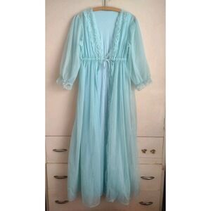 Vtg Movie Star Peignoir Set Nightgown Robe Blue Turquoise Sz S 60s 70s Lingerie